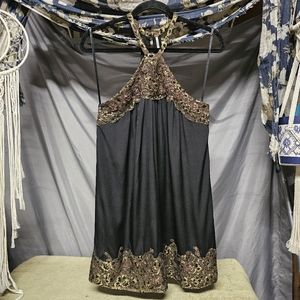Free People Black & Gold Sequin Embroidered Lace Halter Style Mini Dress XS